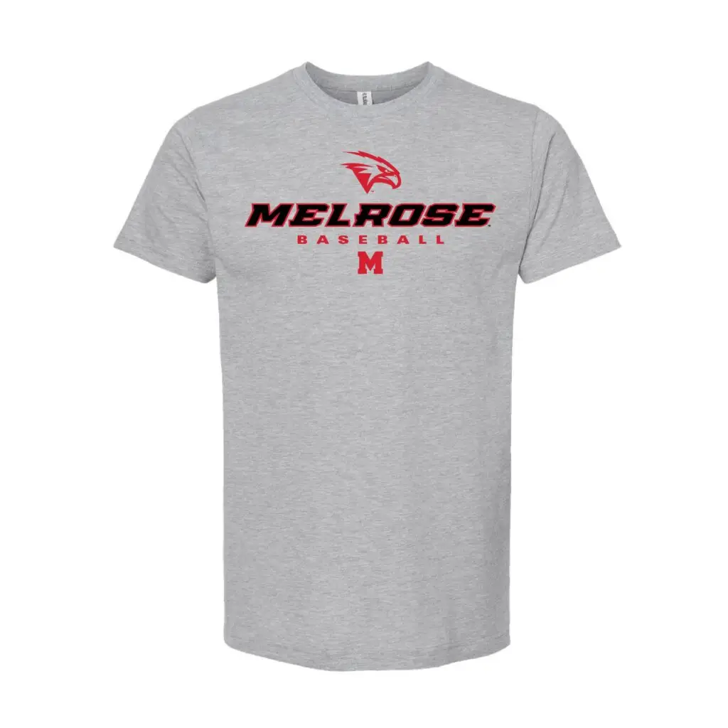 Melrose Baseball Red Hawks & Wordmark Grey T-Shirt