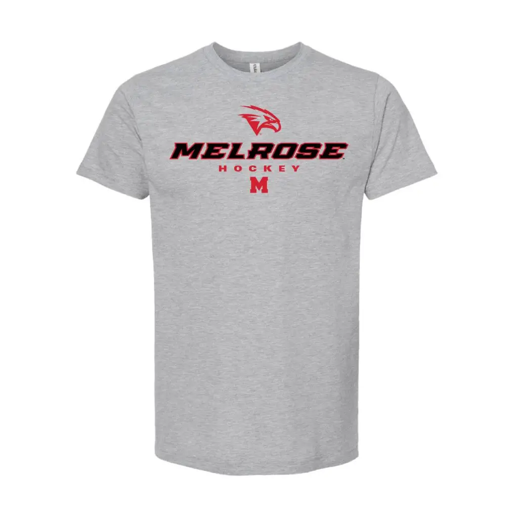 Melrose Hockey Red Hawks & Wordmark Grey T-Shirt